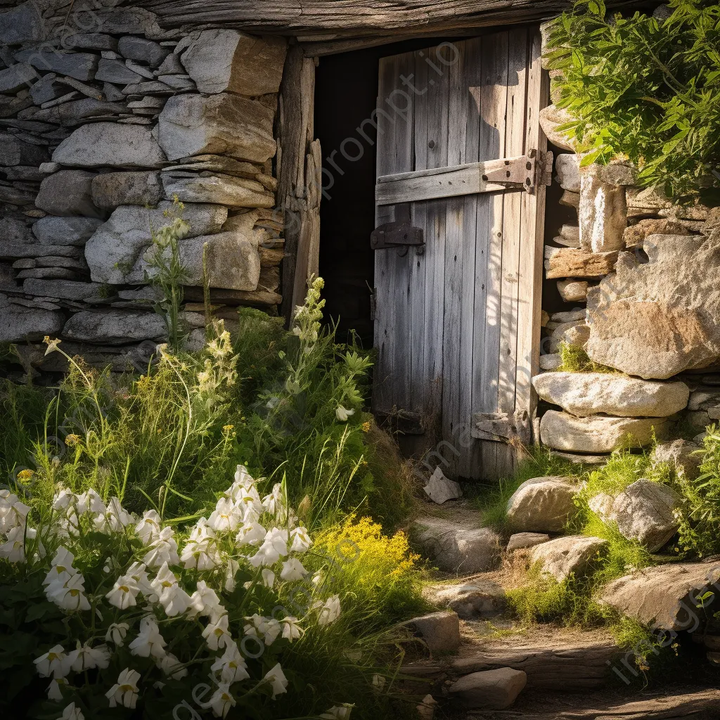 Rustic root cellar with wildflowers in summer. - Image 1