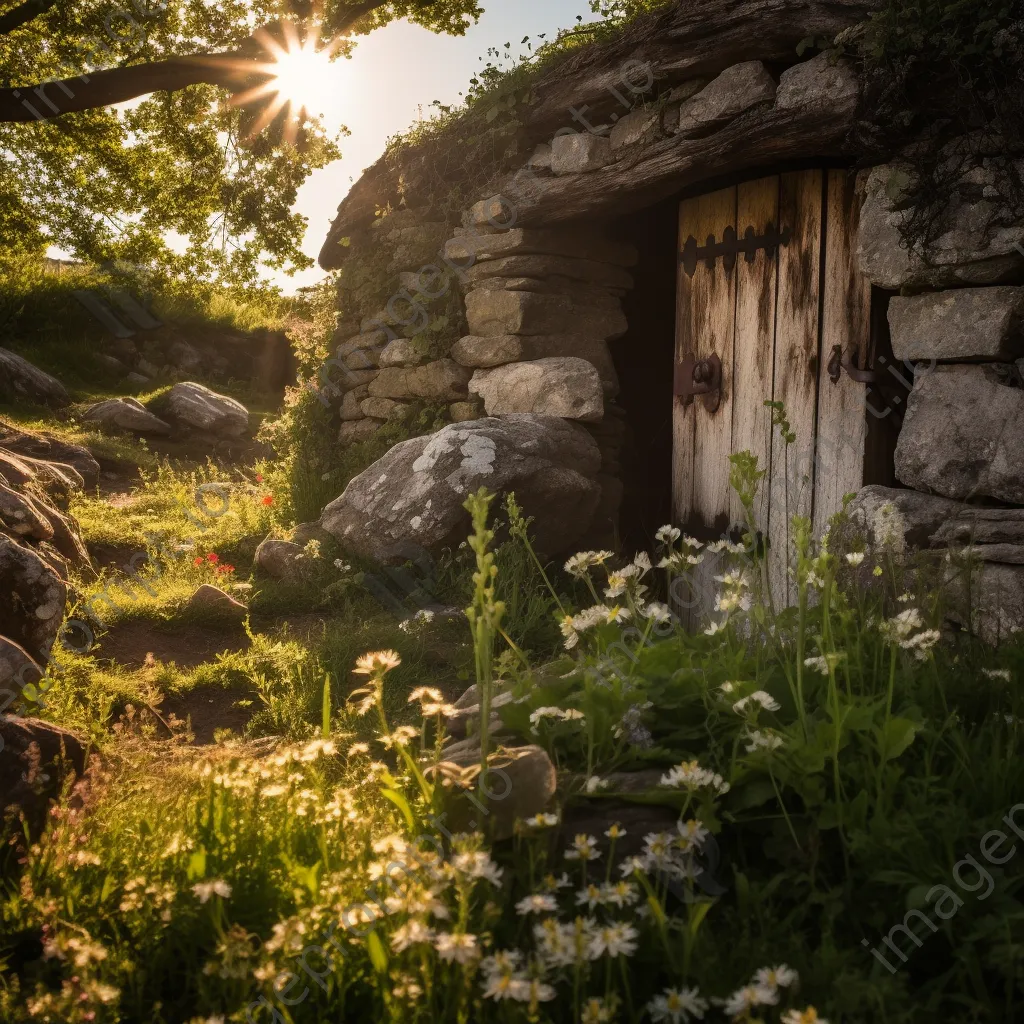 Rustic root cellar with wildflowers in summer. - Image 2