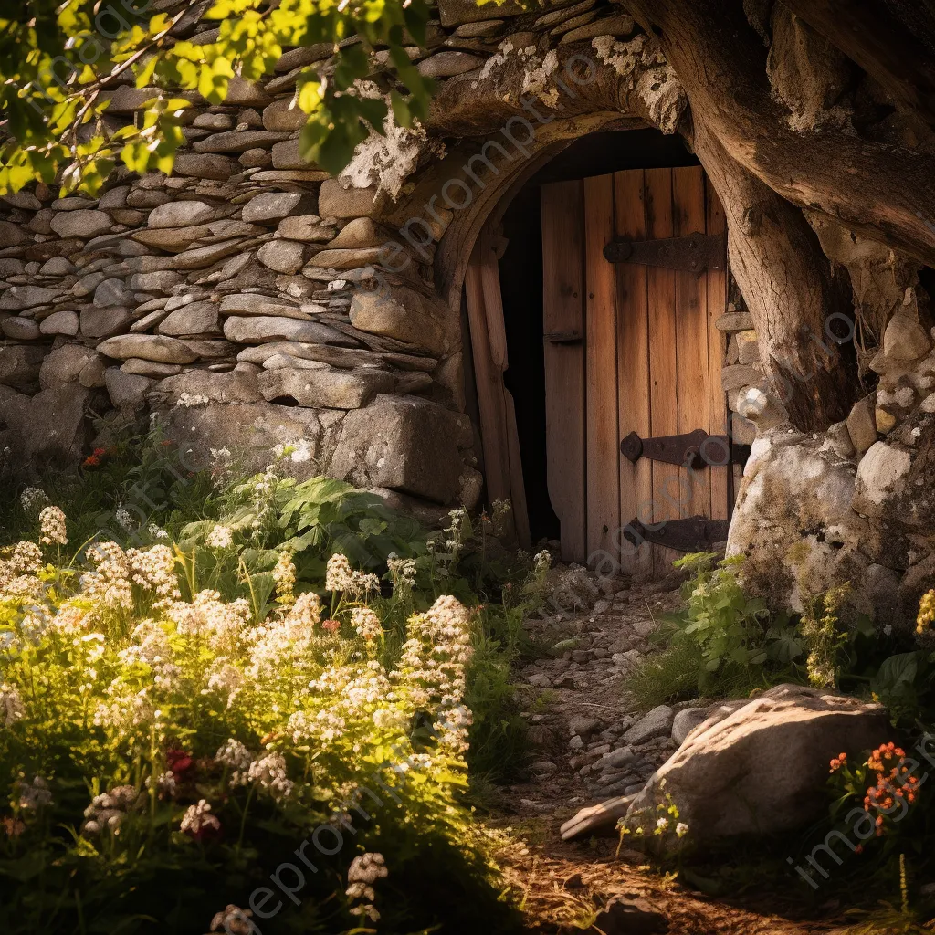 Rustic root cellar with wildflowers in summer. - Image 3