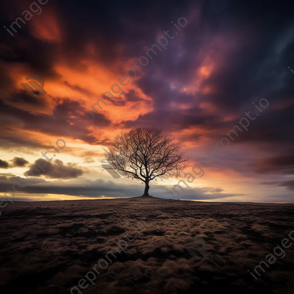 Lone tree silhouette against a dramatic sky in black and white - Image 2