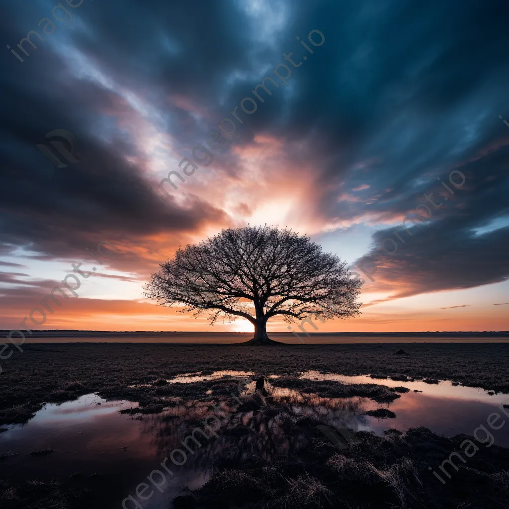 Lone tree silhouette against a dramatic sky in black and white - Image 3