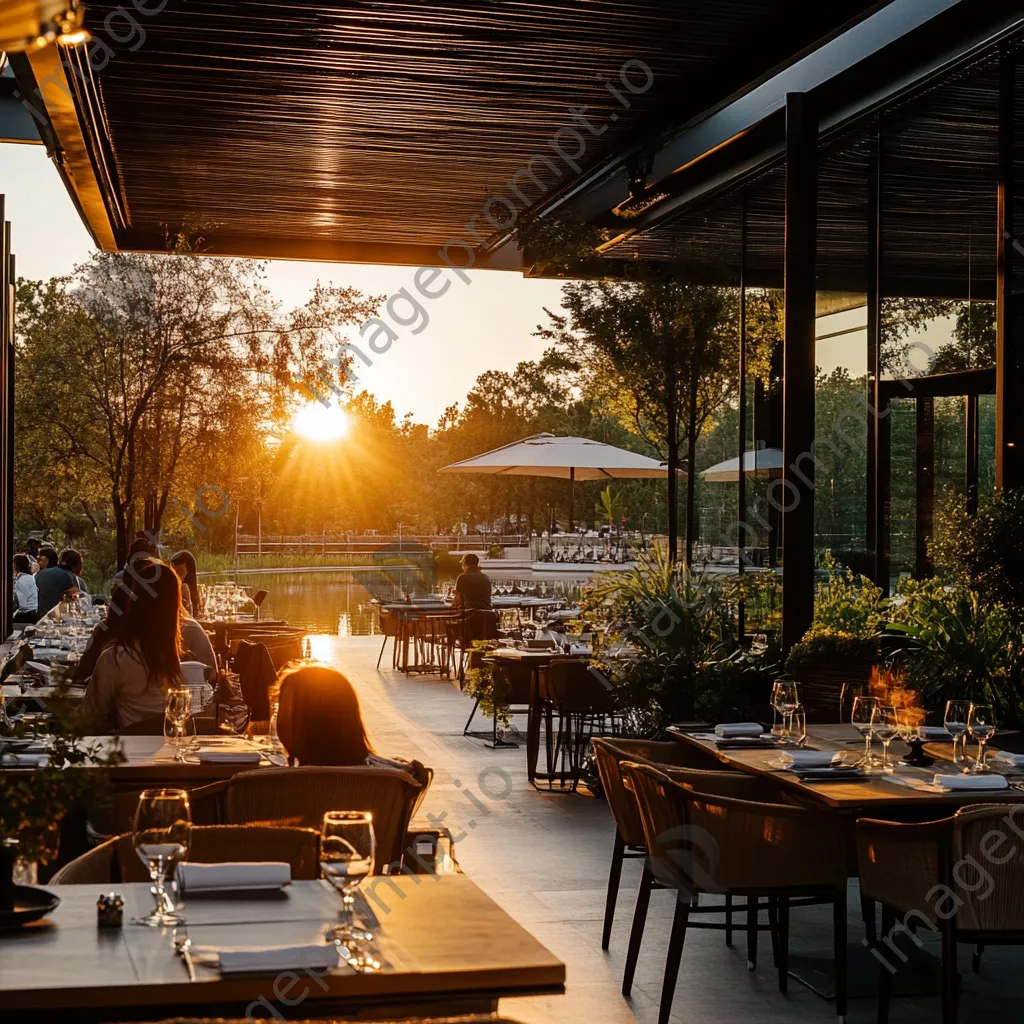 Upscale outdoor dining with guests and sunset lighting - Image 1