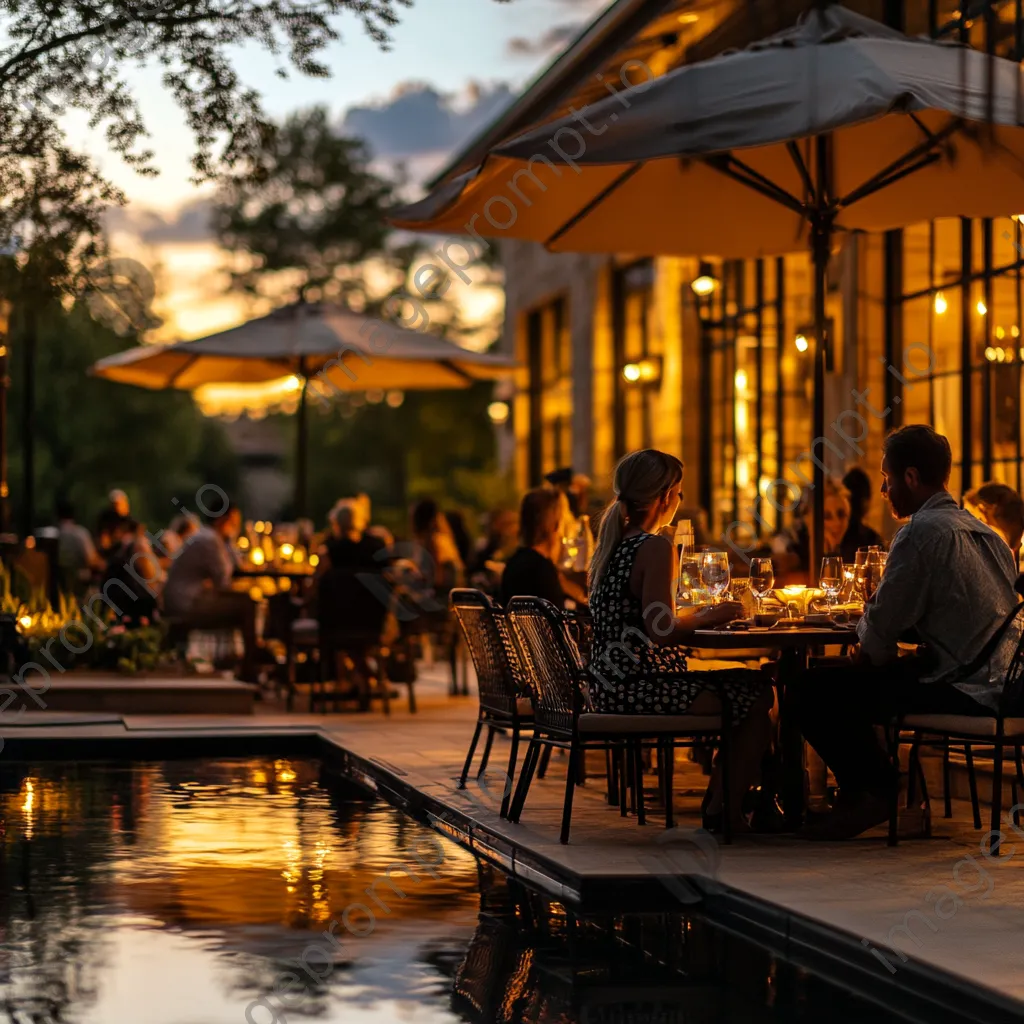 Upscale outdoor dining with guests and sunset lighting - Image 2