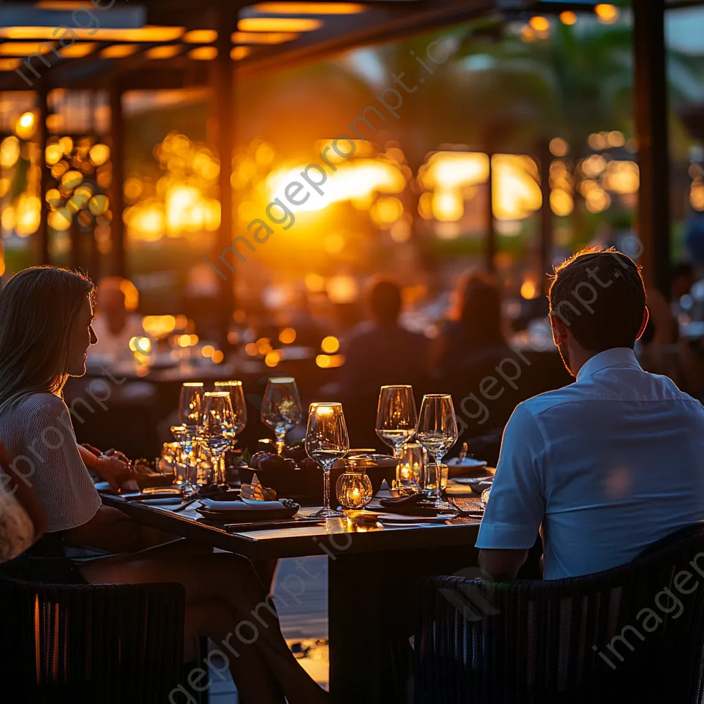 Upscale outdoor dining with guests and sunset lighting - Image 3