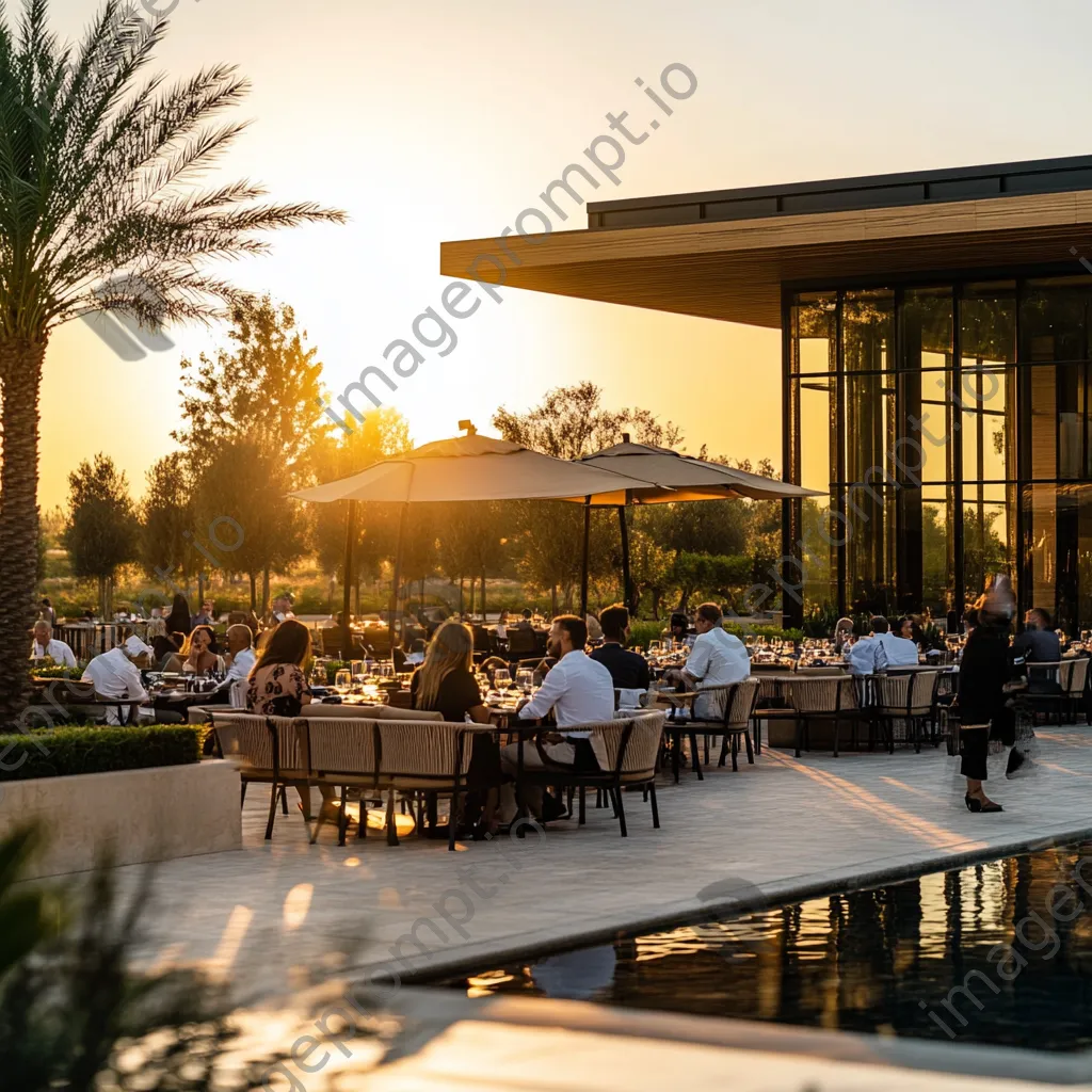 Upscale outdoor dining with guests and sunset lighting - Image 4