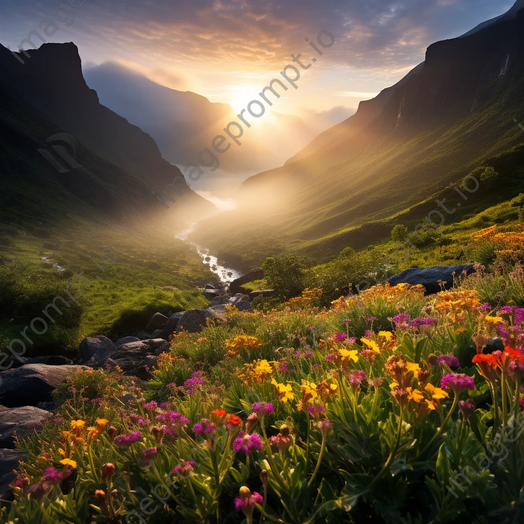 Mountain valley at sunrise with mist and wildflowers - Image 1