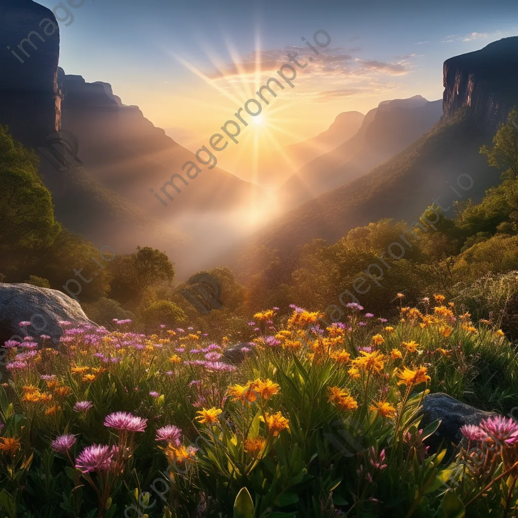 Mountain valley at sunrise with mist and wildflowers - Image 3