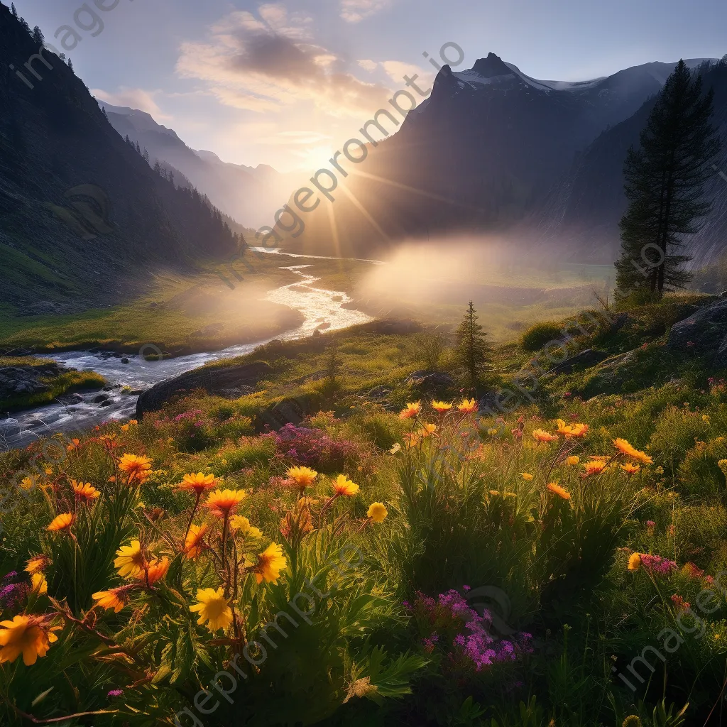 Mountain valley at sunrise with mist and wildflowers - Image 4