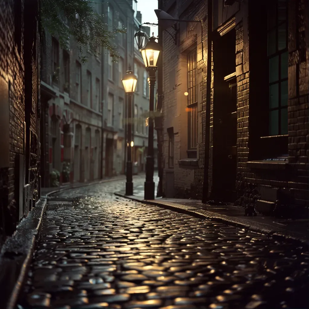 Quiet city back alley with vintage street lamps and warm lighting - Image 1