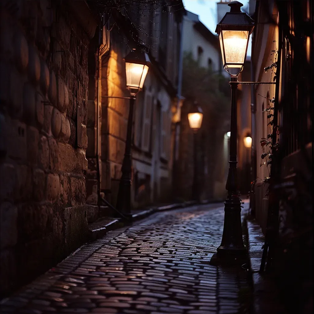 Quiet city back alley with vintage street lamps and warm lighting - Image 4