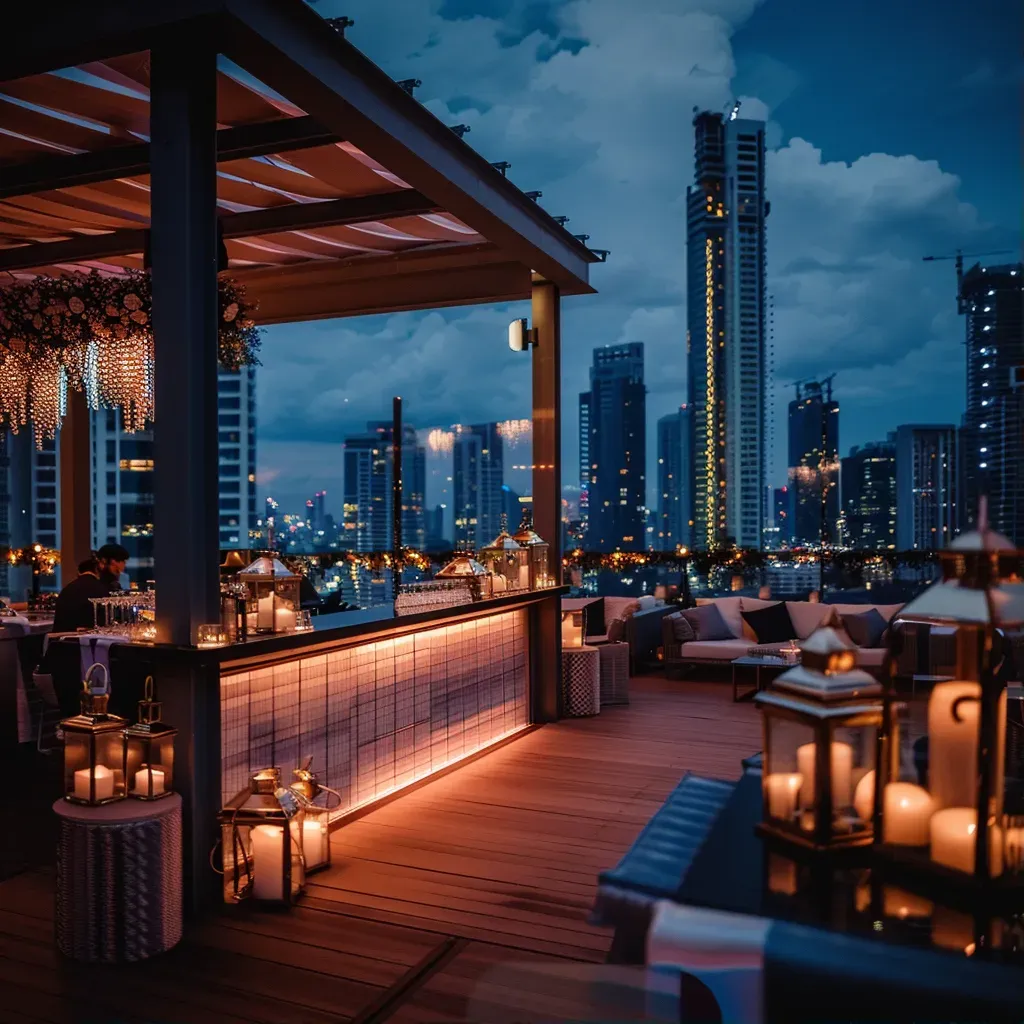 Elegant rooftop party with city skyline views and stylish lighting - Image 1