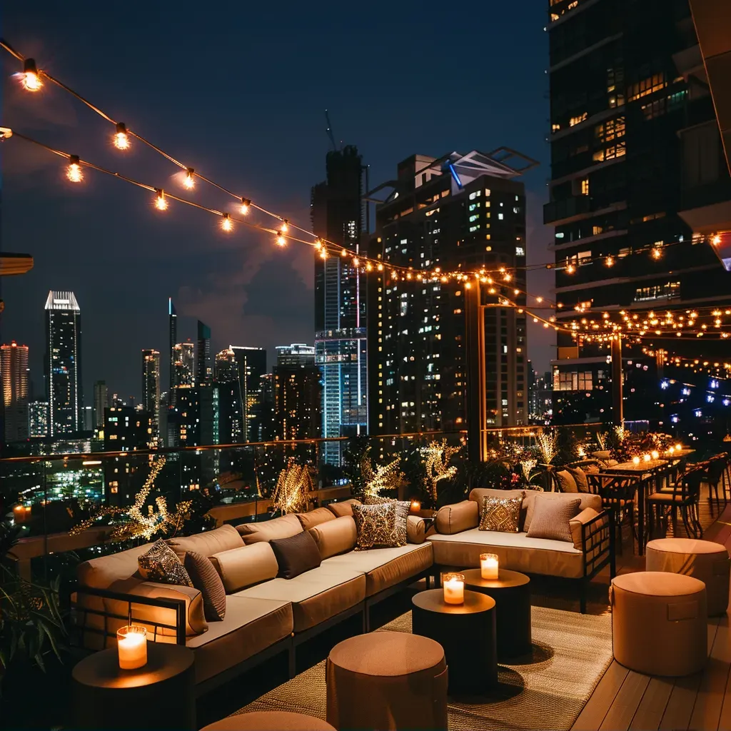 Elegant rooftop party with city skyline views and stylish lighting - Image 2