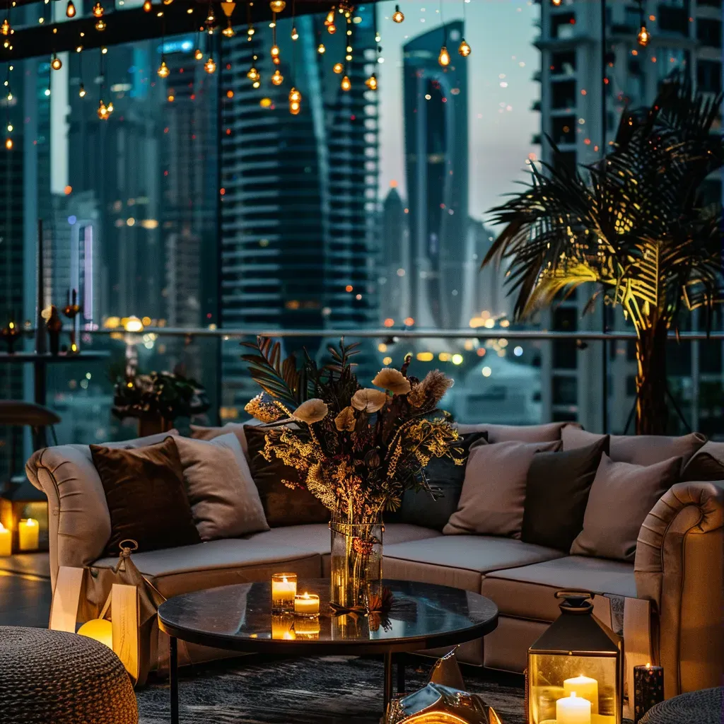 Elegant rooftop party with city skyline views and stylish lighting - Image 3