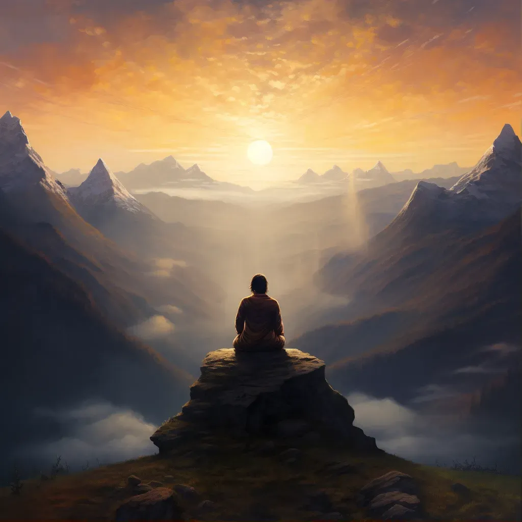 Image of meditating man overlooking serene sunrise - Image 1