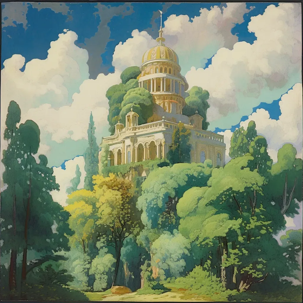 Image of an ancient temple in lush greenery under a cerulean sky with fluffy white clouds - Image 1