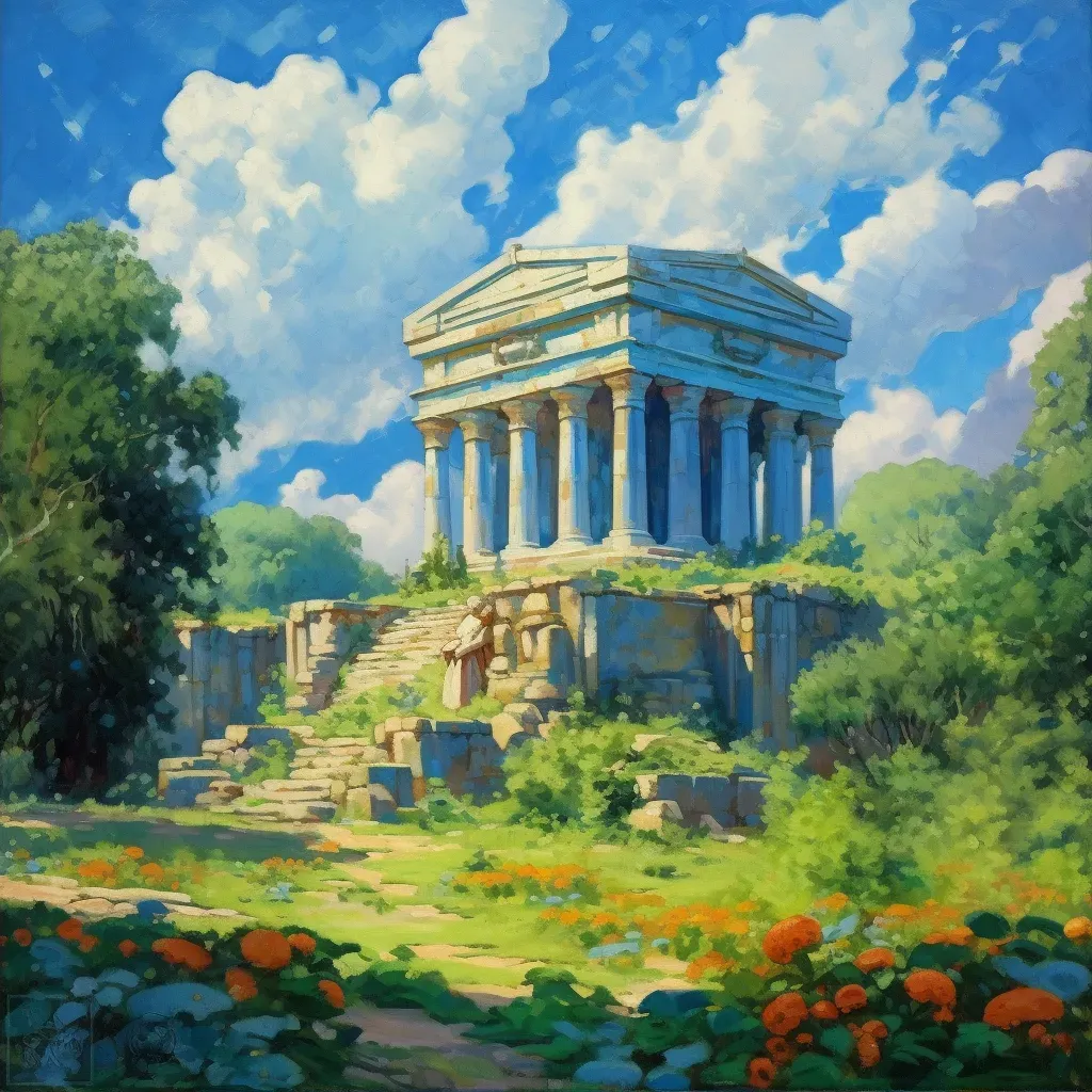 Image of an ancient temple in lush greenery under a cerulean sky with fluffy white clouds - Image 2