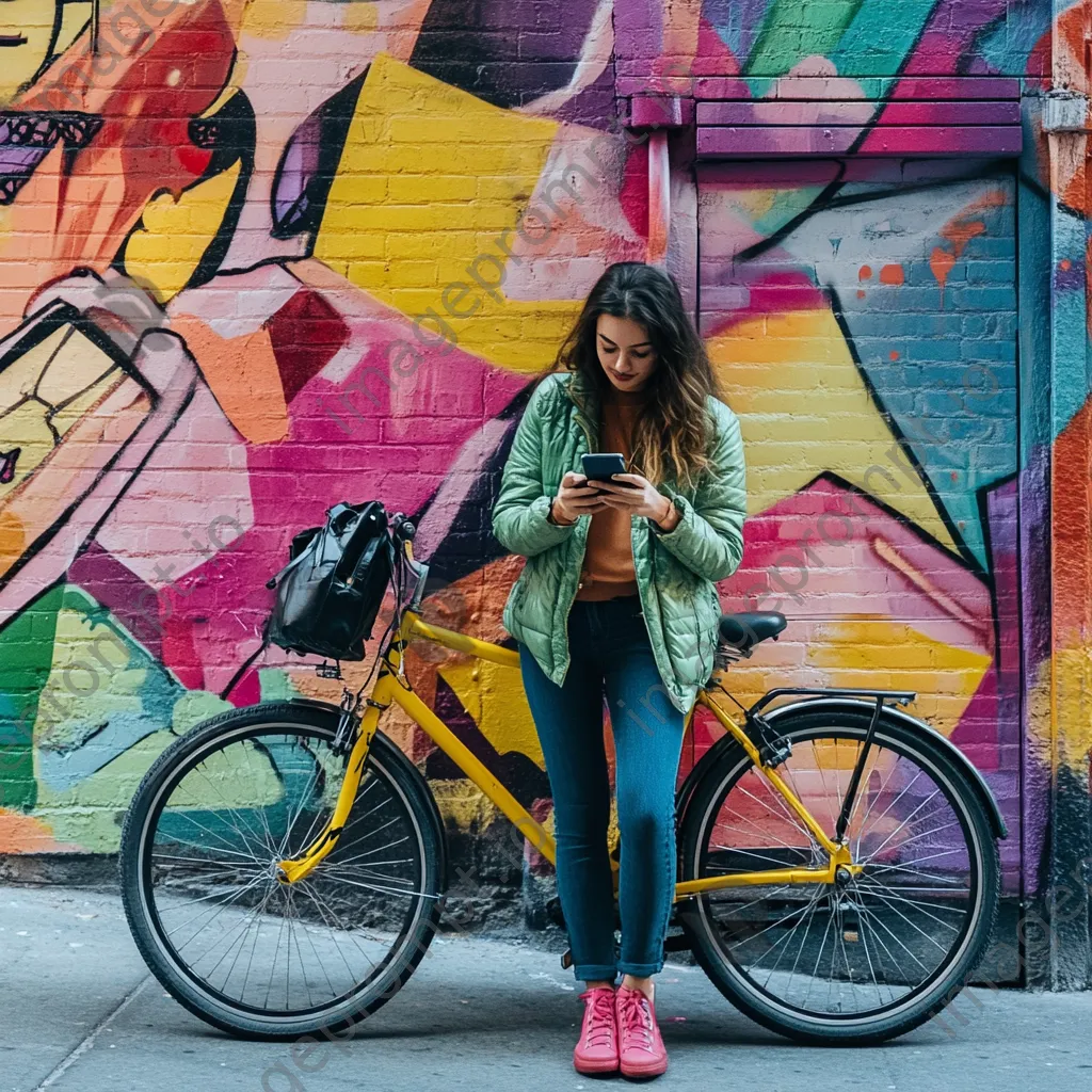 Young woman leaning against a bright-colored city bike near murals - Image 1