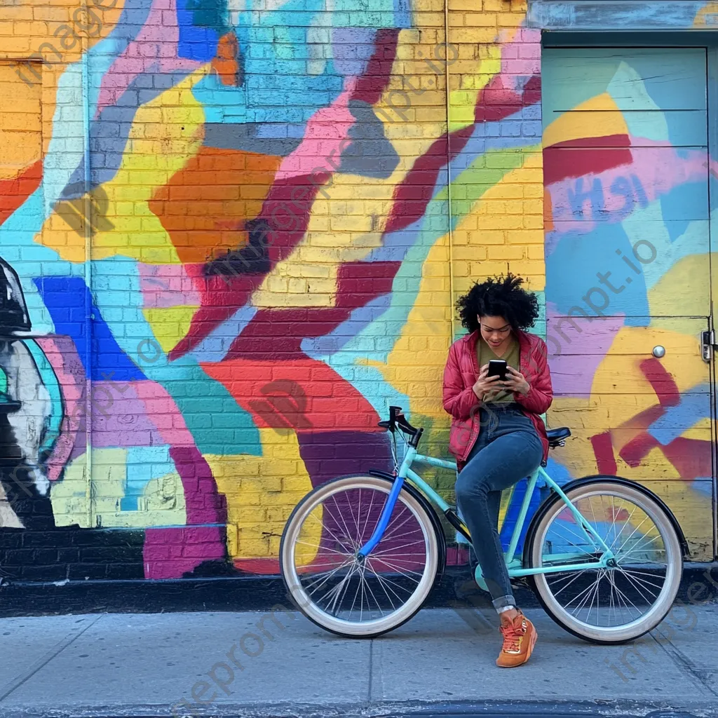 Young woman leaning against a bright-colored city bike near murals - Image 2