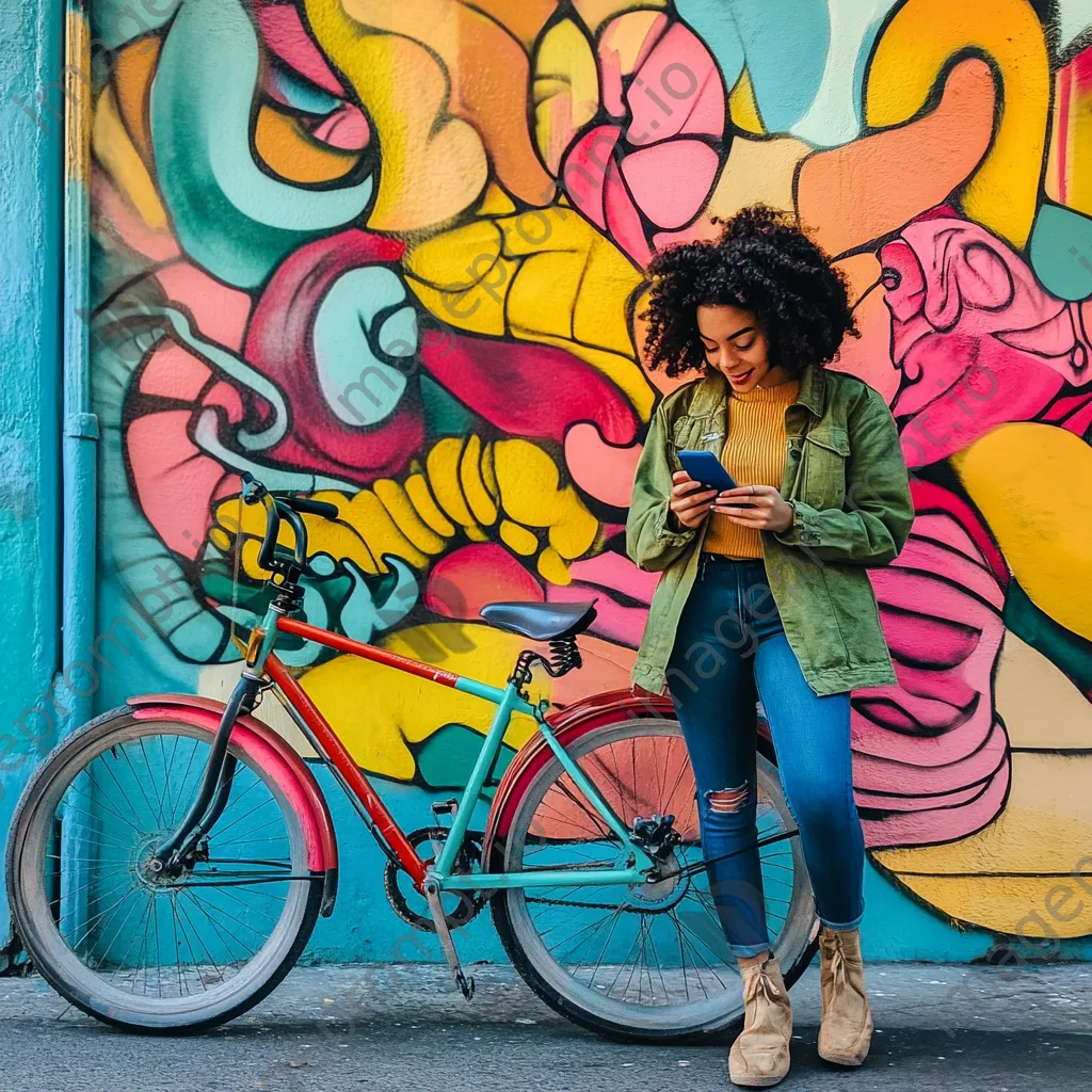 Young woman leaning against a bright-colored city bike near murals - Image 3