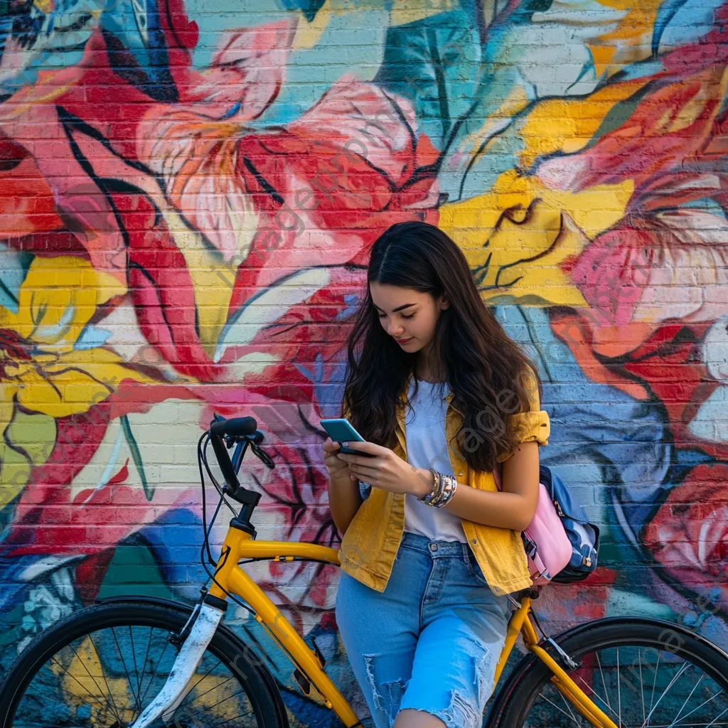 Young woman leaning against a bright-colored city bike near murals - Image 4