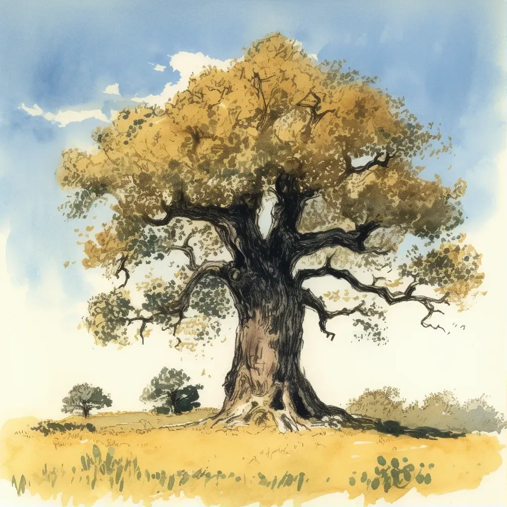 Single, ancient oak tree standing proud in a golden meadow under a clear blue sky in an image generated by a prompt. - Image 1