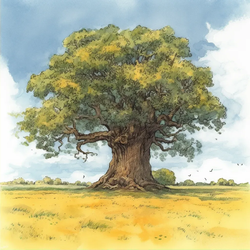 Single, ancient oak tree standing proud in a golden meadow under a clear blue sky in an image generated by a prompt. - Image 2