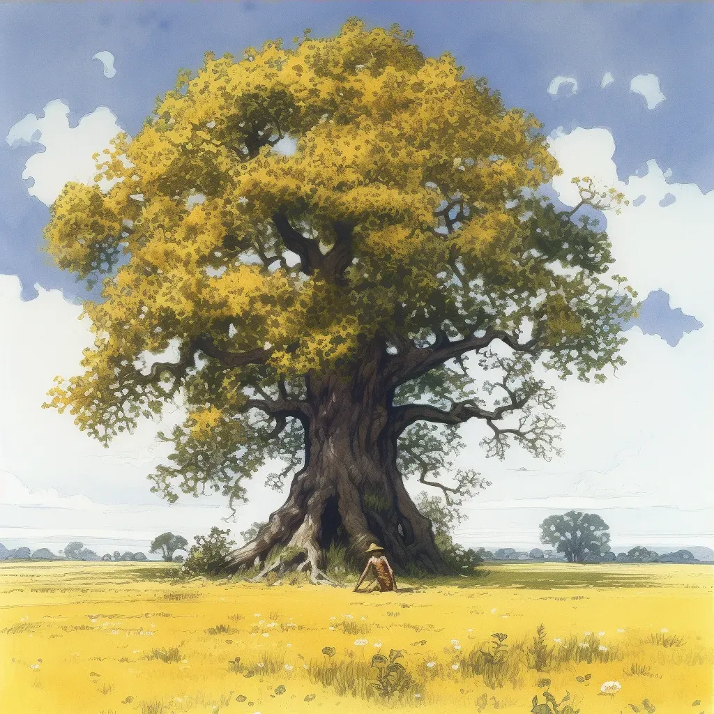 Single, ancient oak tree standing proud in a golden meadow under a clear blue sky in an image generated by a prompt. - Image 3