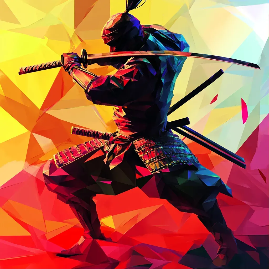 Vibrant low poly samurai in animated motion, influenced by Edo art - Image 1