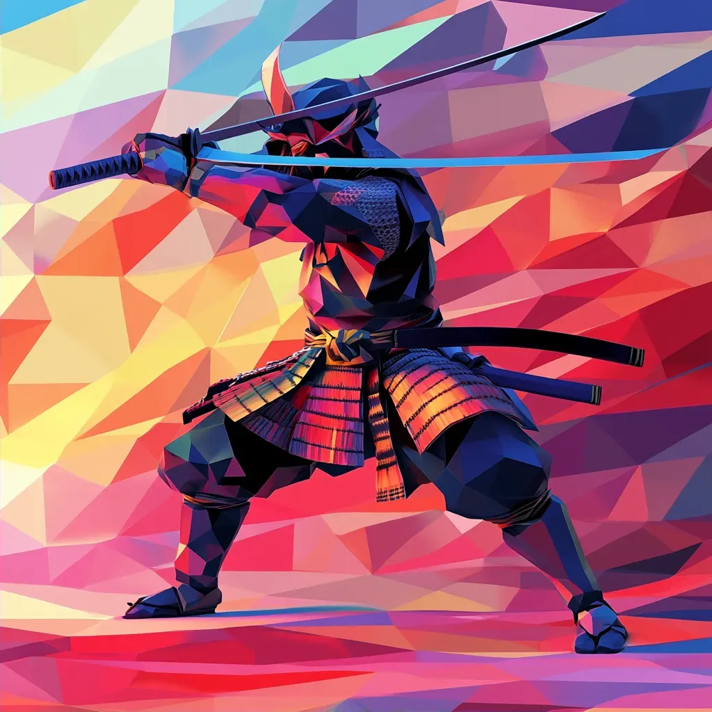 Vibrant low poly samurai in animated motion, influenced by Edo art - Image 2