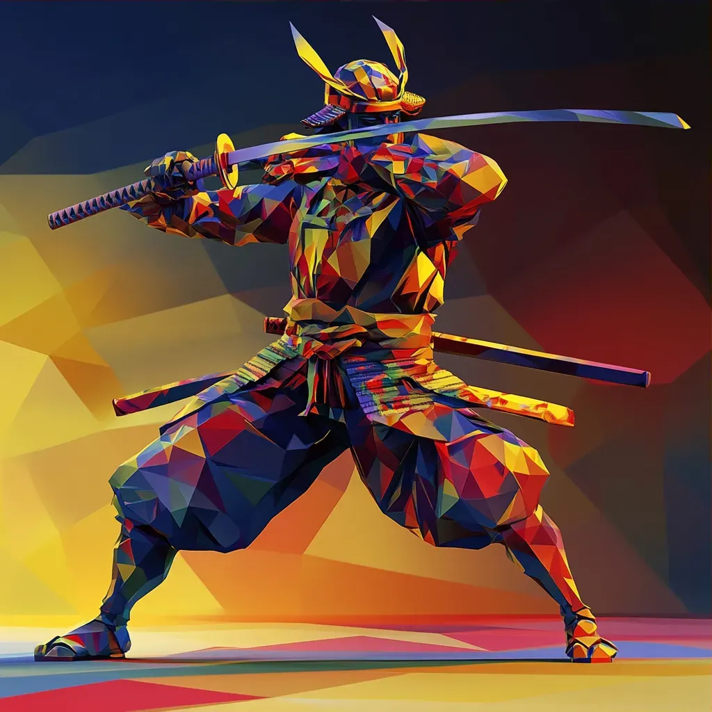 Vibrant low poly samurai in animated motion, influenced by Edo art - Image 3