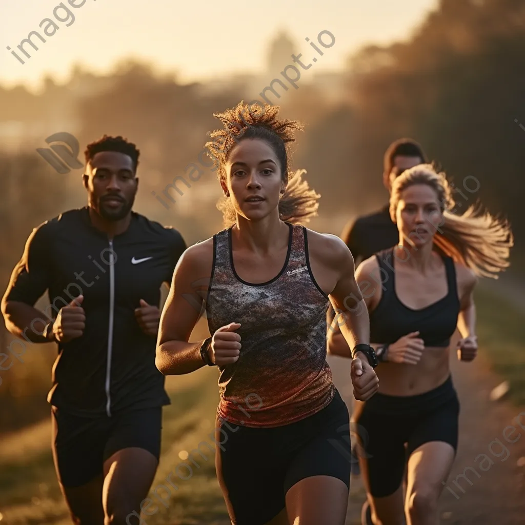 Diverse group of runners training together in a park at sunrise - Image 1