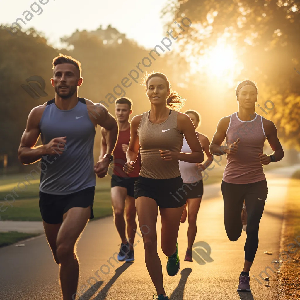 Diverse group of runners training together in a park at sunrise - Image 2