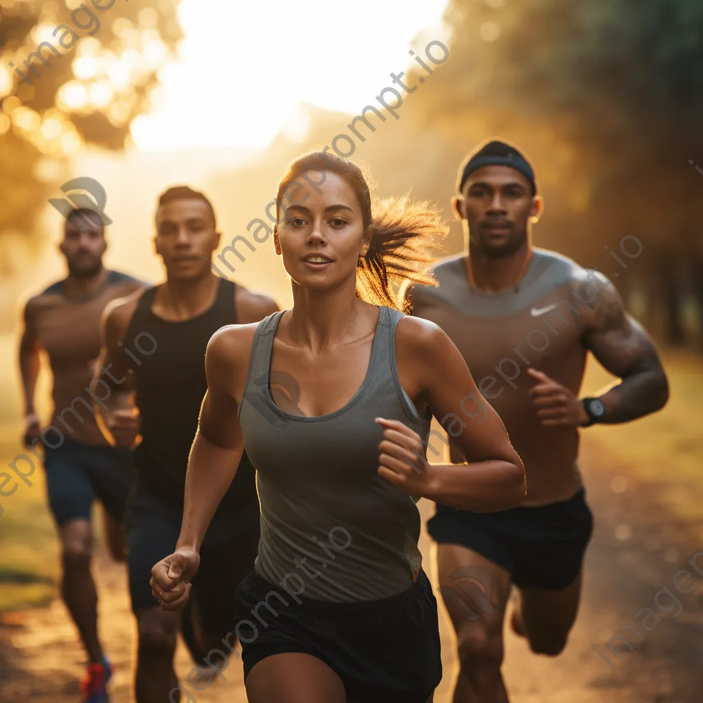 Diverse group of runners training together in a park at sunrise - Image 3