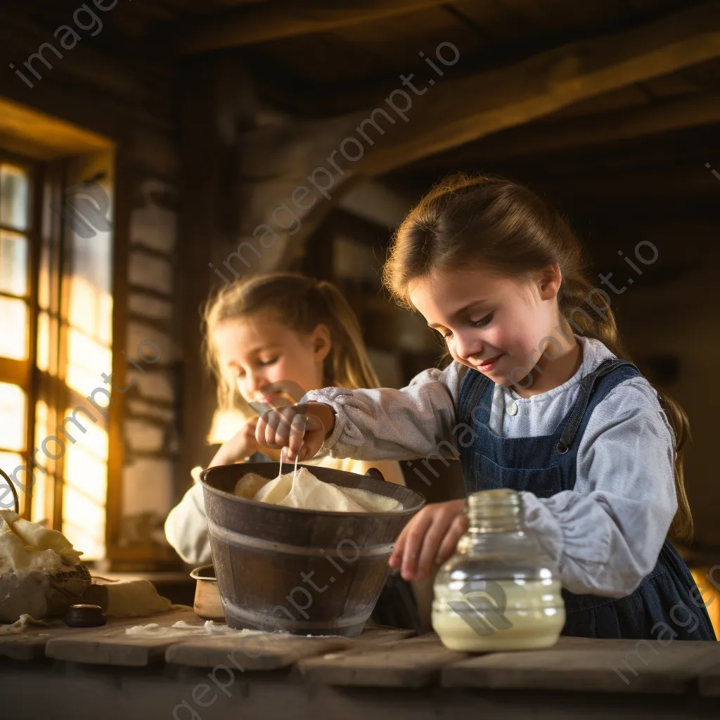 Children shaking a jar filled with cream for butter making in a farmhouse setting - Image 1