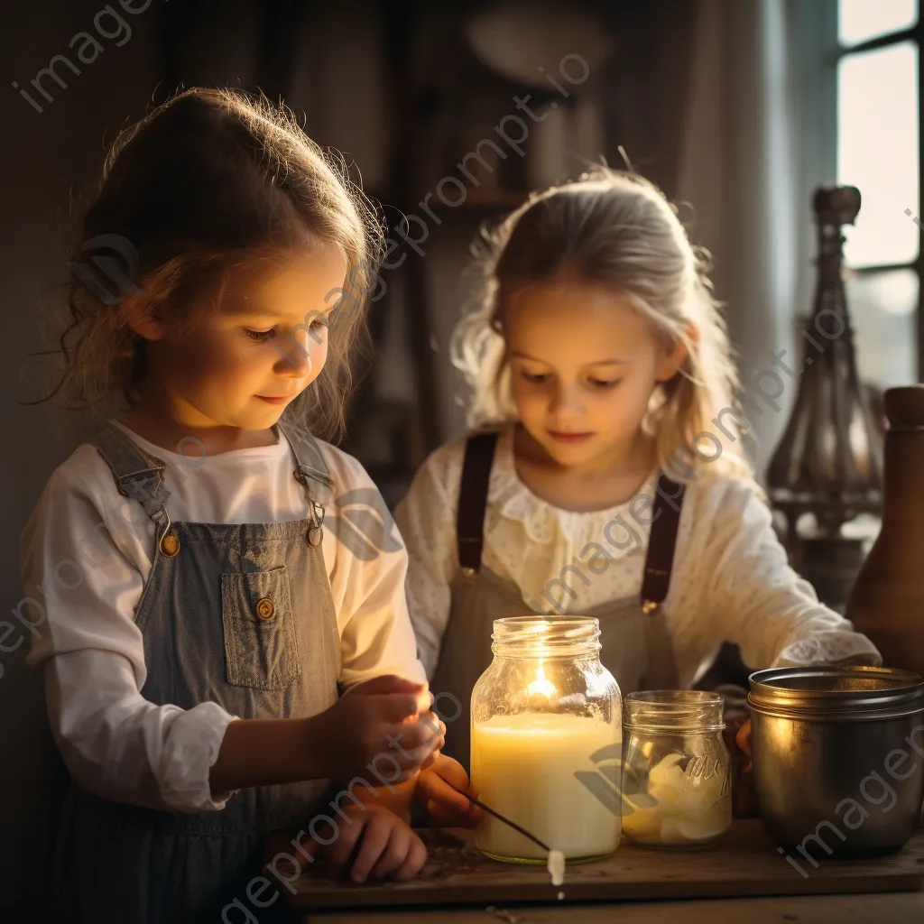 Children shaking a jar filled with cream for butter making in a farmhouse setting - Image 3