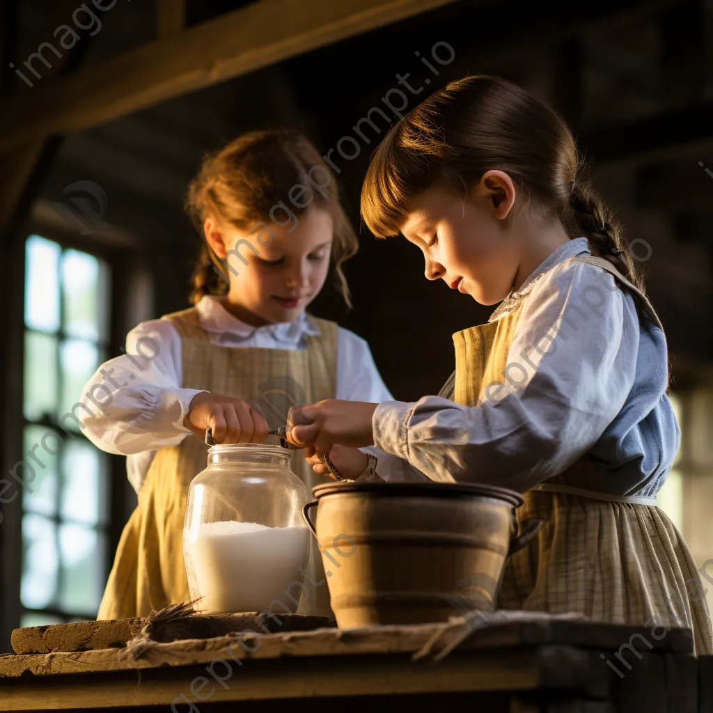 Children shaking a jar filled with cream for butter making in a farmhouse setting - Image 4