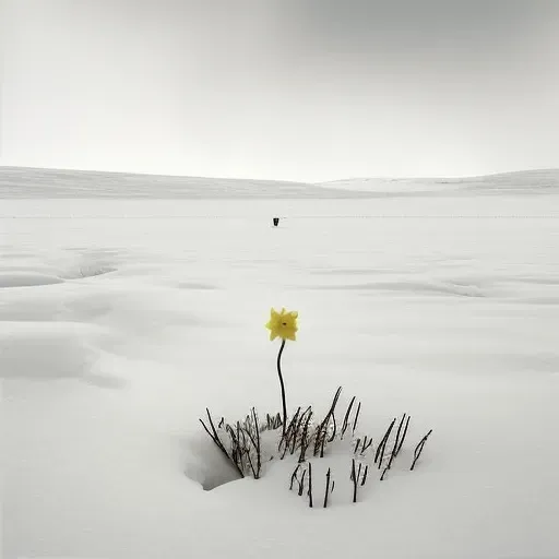 Single yellow daffodil blooming in the middle of a snow-covered field - Image 2