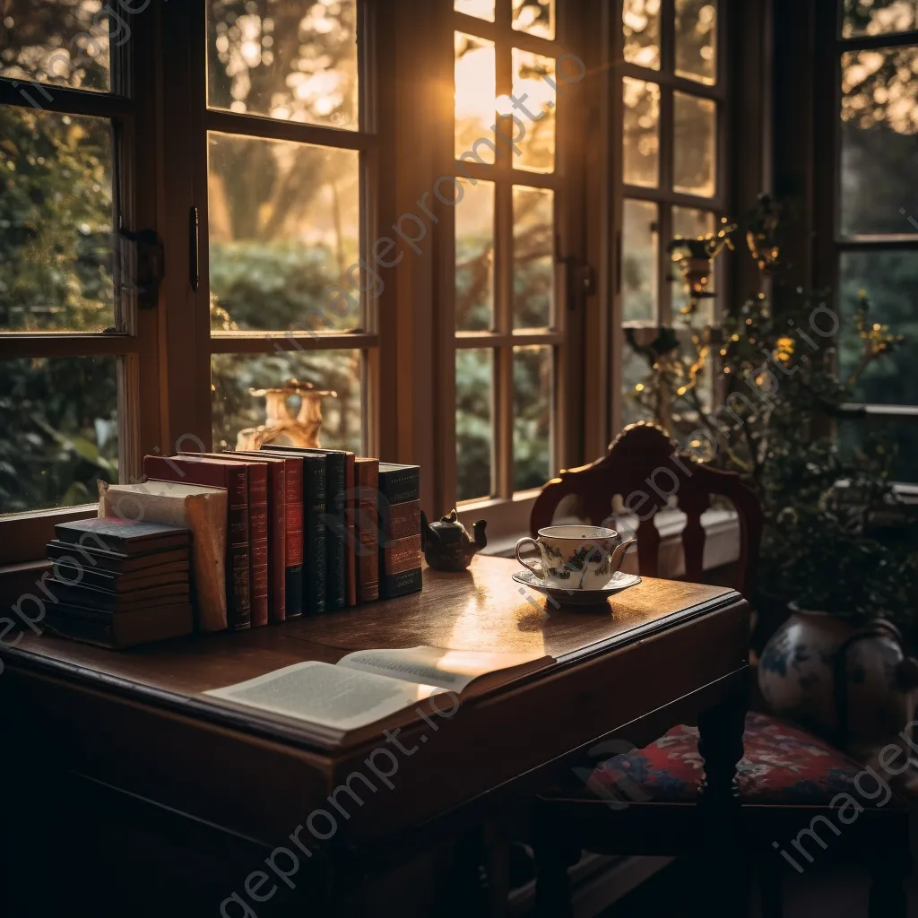 A cozy library corner with an open book and a cup of tea at dusk. - Image 1