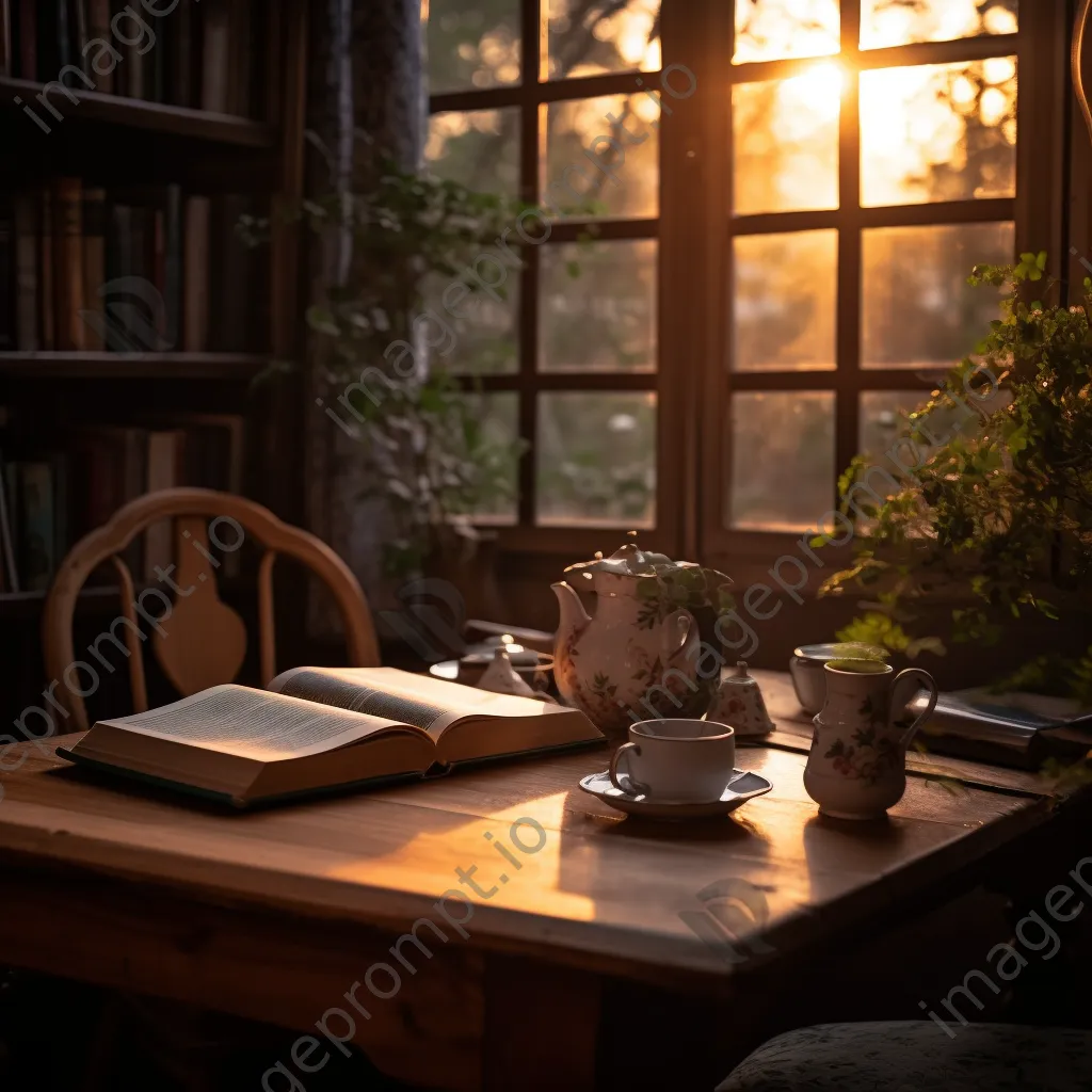 A cozy library corner with an open book and a cup of tea at dusk. - Image 3