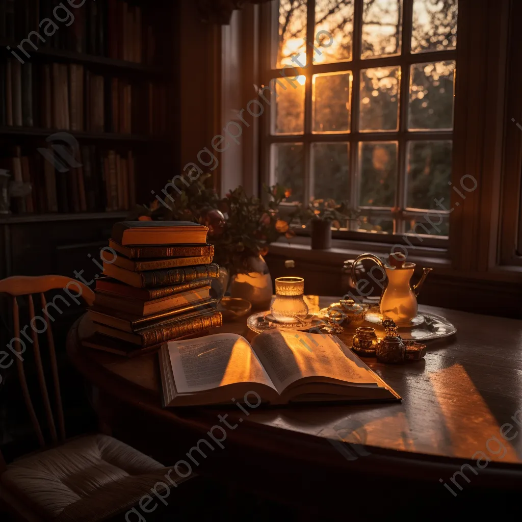 A cozy library corner with an open book and a cup of tea at dusk. - Image 4