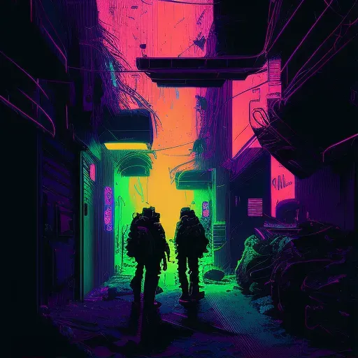 Digital art of rebels having a secret meeting in a neon-lit alley of a space colony - Image 1