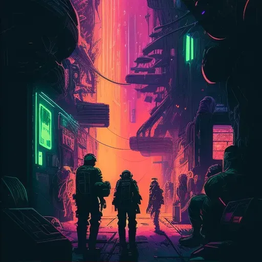 Digital art of rebels having a secret meeting in a neon-lit alley of a space colony - Image 2