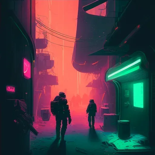 Digital art of rebels having a secret meeting in a neon-lit alley of a space colony - Image 4