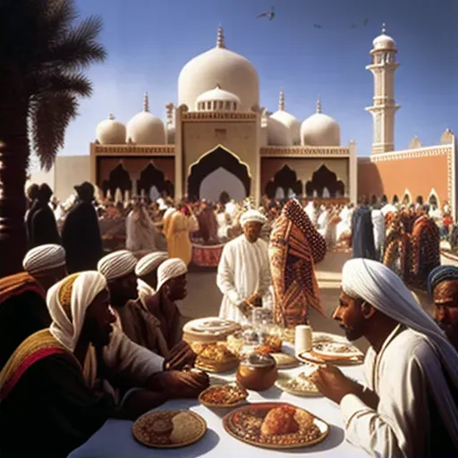 Image of an Eid al-Fitr celebration with festive attire and a mosque in the background - Image 2