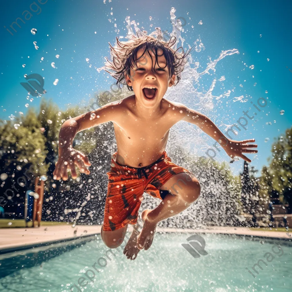 Child jumping into a swimming pool from diving board - Image 1