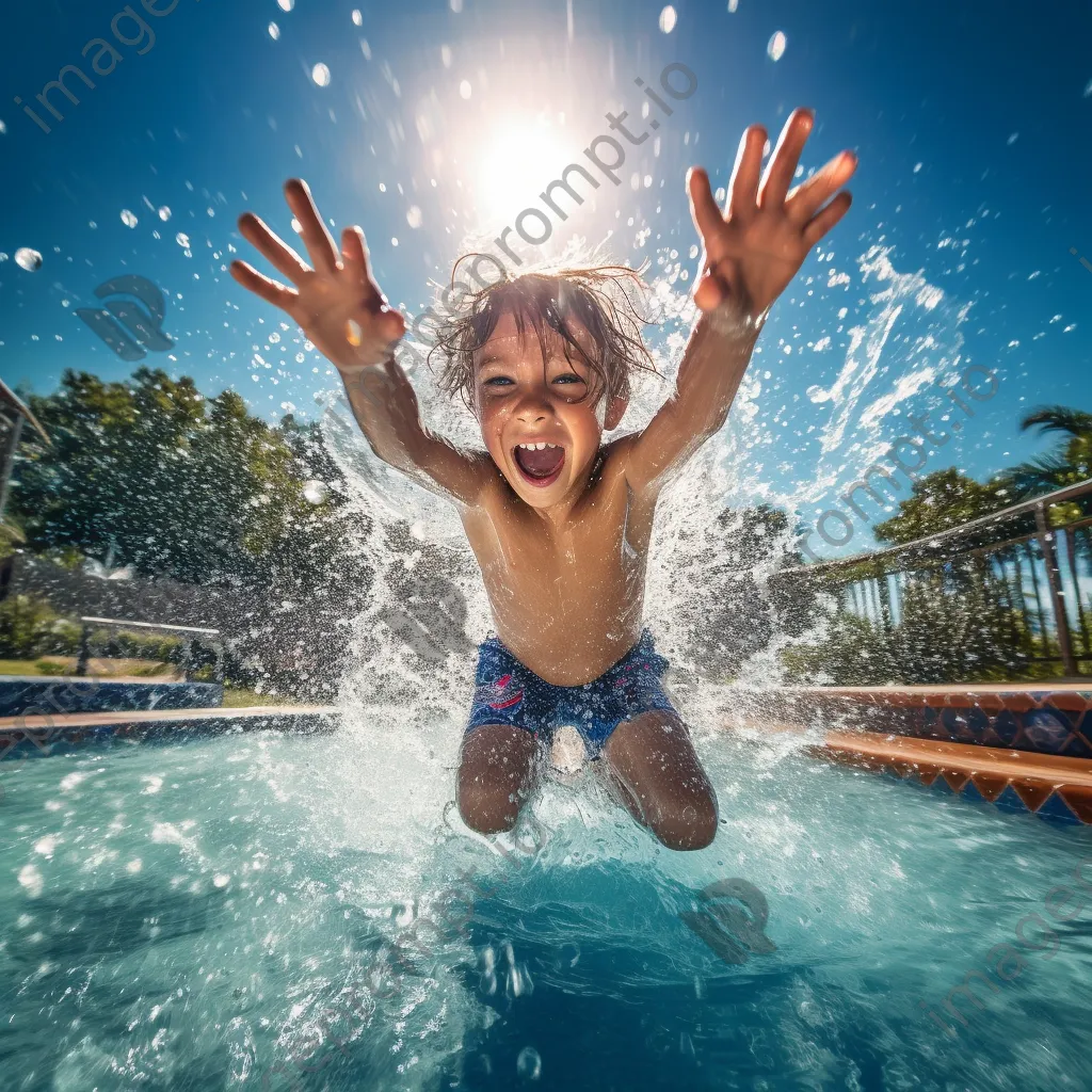 Child jumping into a swimming pool from diving board - Image 2