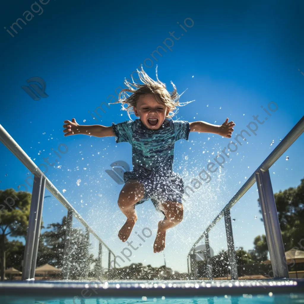 Child jumping into a swimming pool from diving board - Image 3