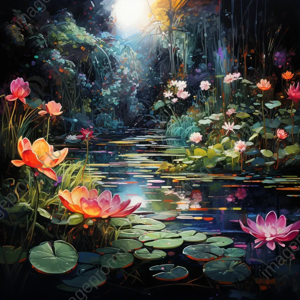 Surreal cosmic garden blooming with exotic space flora, painted with fluid brush strokes - Image 1