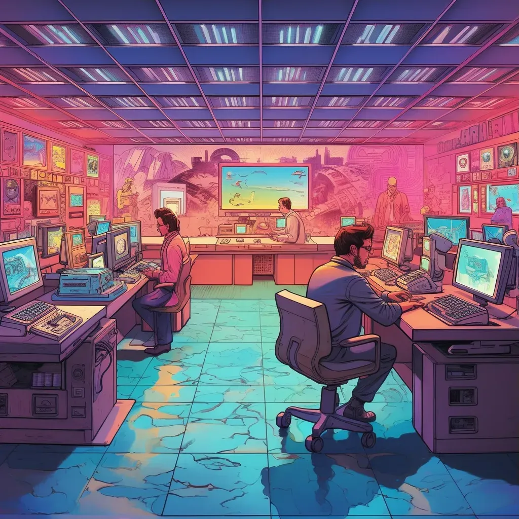 60s style office space with holographic computers and floating desks - Image 1