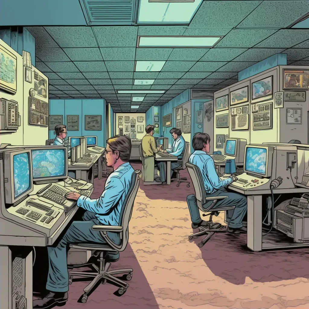 60s style office space with holographic computers and floating desks - Image 2